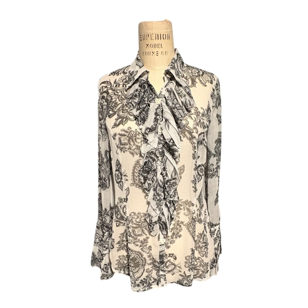 CAbi Womens Black White Paisley Ruffle Front Sheer Blouse Small Victorian Office
